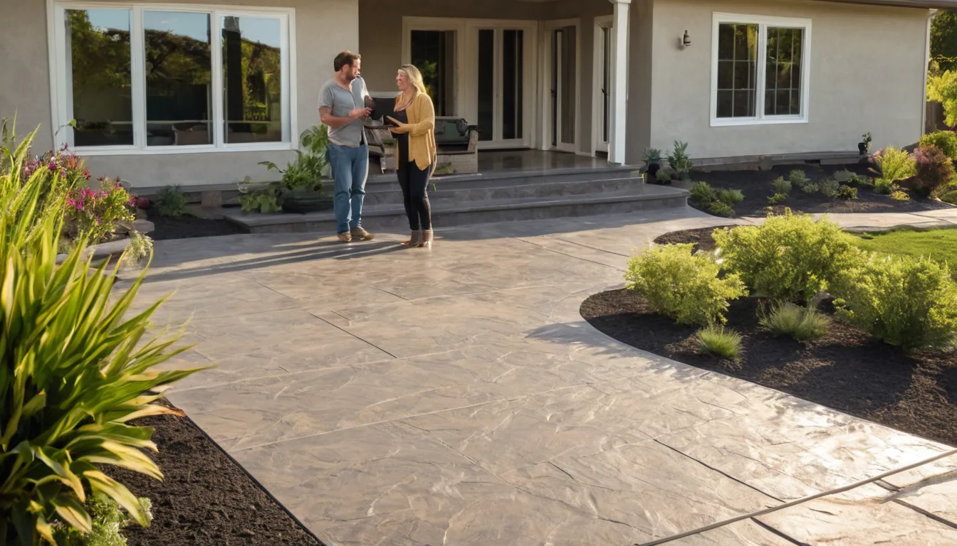 Stamped concrete patio with a slate pattern beside a stucco home in Antioch